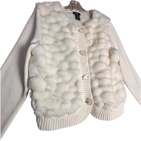 Y2K Lisa International Faux Fur Bubble Cardigan Sweater Ivory Sz S Apres Ski EC - Picture 4 of 16